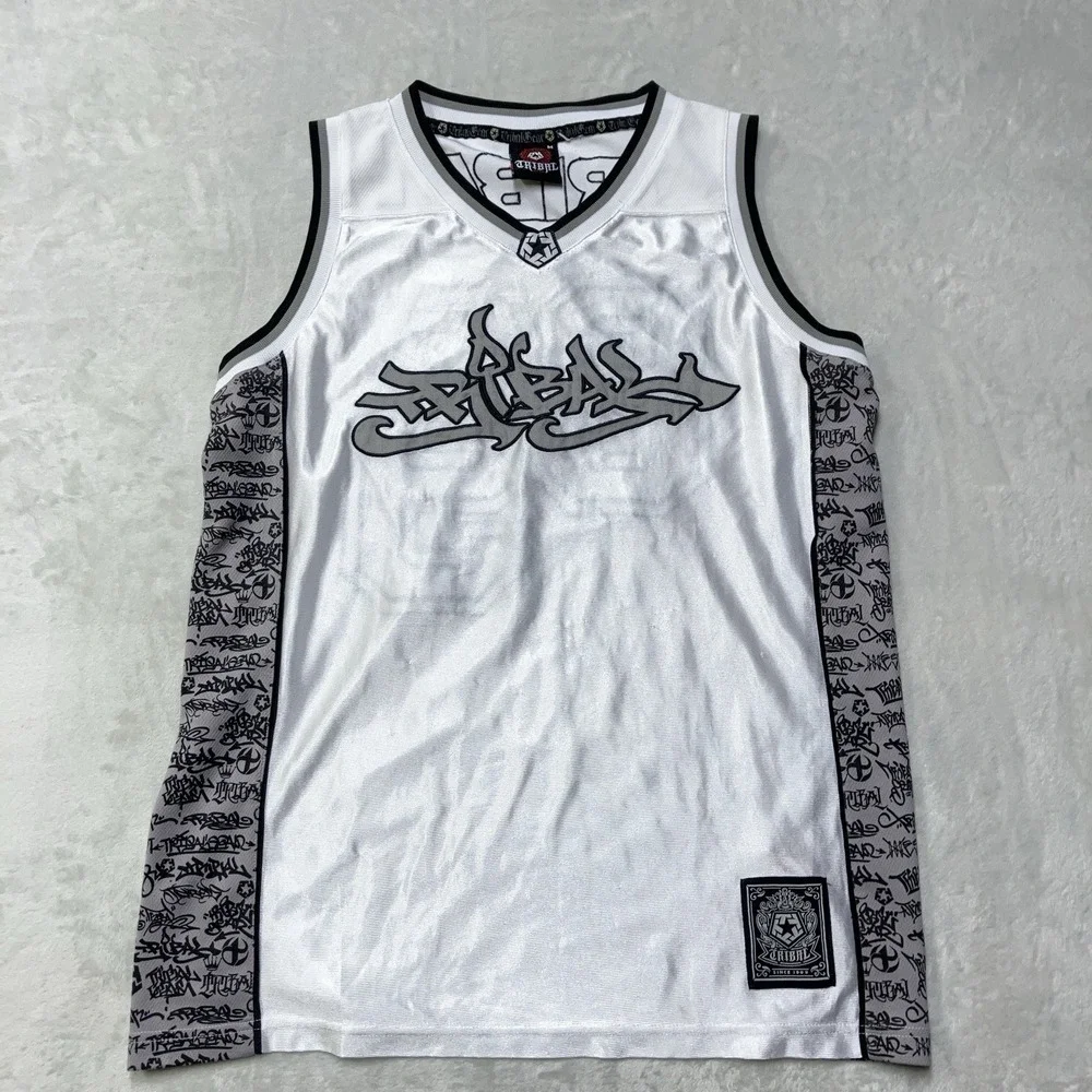 Vintage Tribal Gear Basketball Jersey Embroidered Graffiti Logo Dazzle Silky Y2K